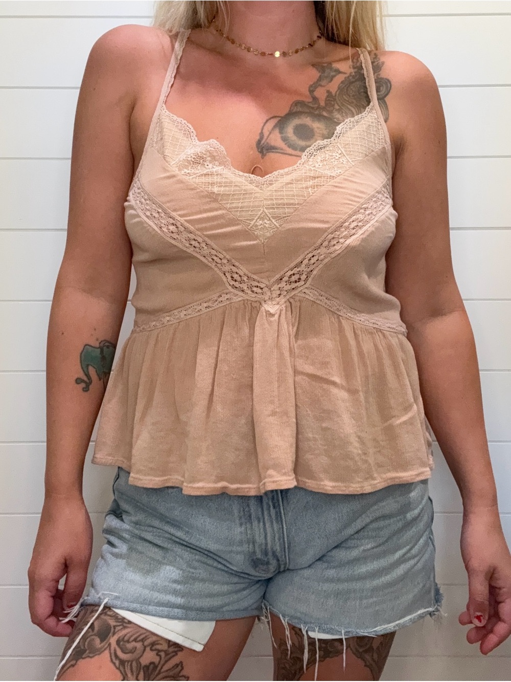 American Eagle Outfitters Lace-Trim Peplum Cami - Blush Tan